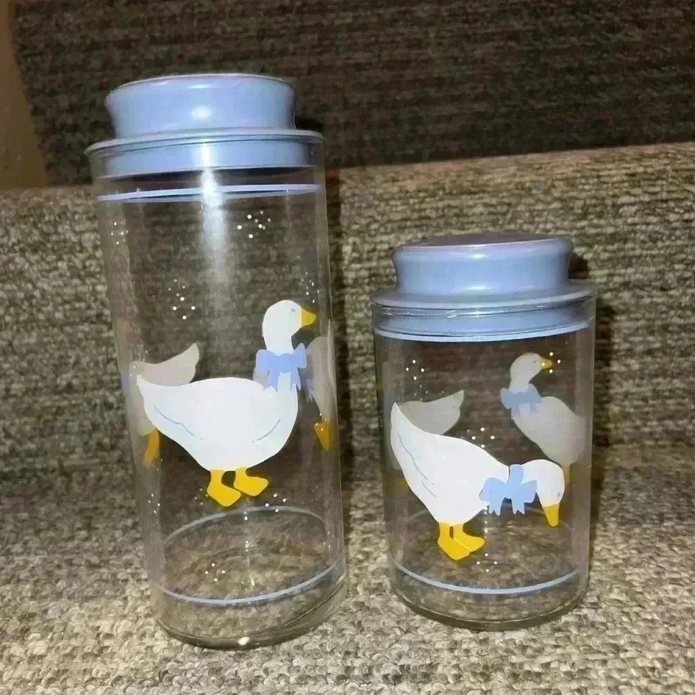 VINTAGE GOOSE DUCK BLUE RUBBON CANISTERS SET OF 2